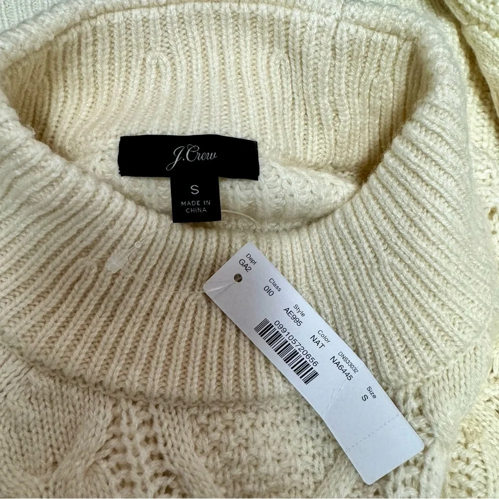 NEW J. Crew Pom-Pom Cable-Knit Pullover Crew Neck Sweater Natural Cream Small